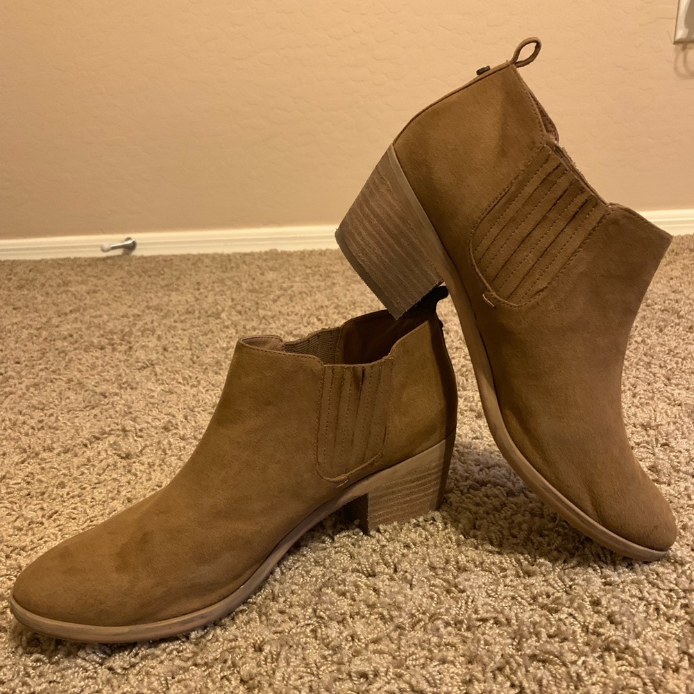 brown low top booties w/ 3 inch heel
